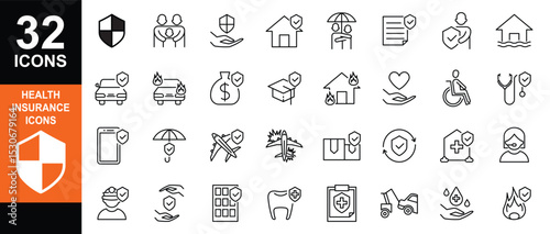 Insurance and assurance icon set. Containing healthcare medical, life, car, home, travel insurance icons