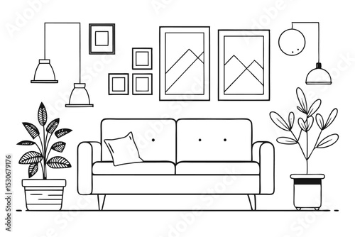 Continuous line drawing of interior scene with sofa plant and lamp isolated on transparent background