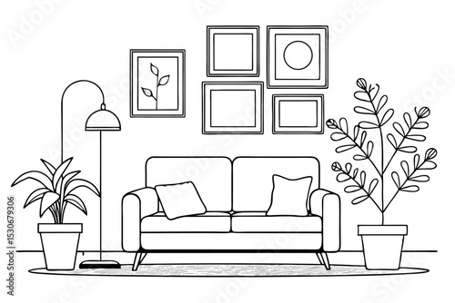 Continuous line drawing of interior scene with sofa plant and lamp isolated on transparent background