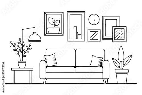 Continuous line drawing of interior scene with sofa plant and lamp isolated on transparent background