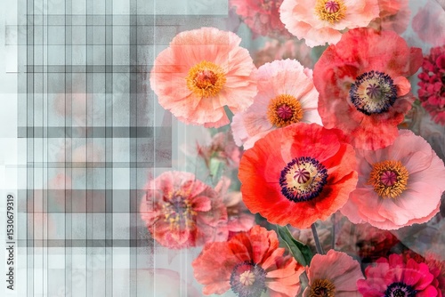 Colorful poppy flowers on a checkered background.
