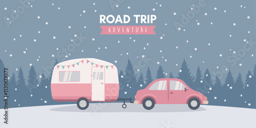 road trip adventure caravan on snowy winter landscape vector illustration