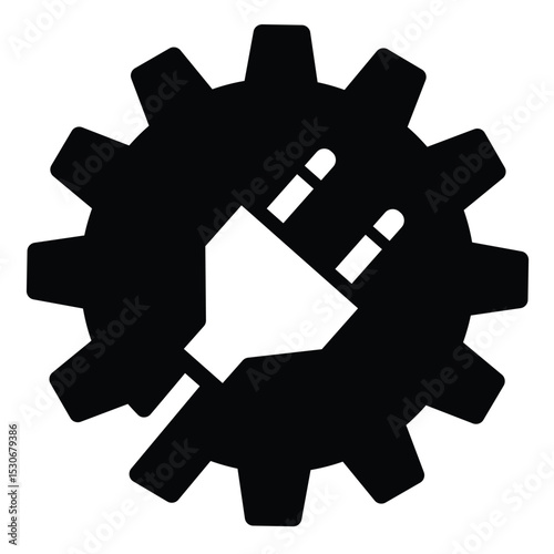 Cogwheel with fork plug and cord solid icon, electrical service concept. Vector graphics. Fork on mechanic gear, repair sign on white background, style mobile or design.