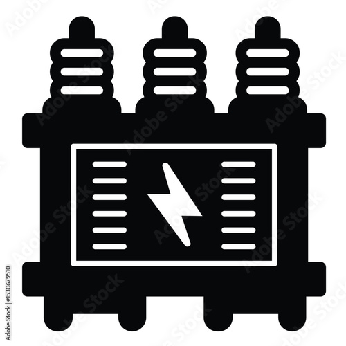 High voltage transformer box solid icon, electrician service concept. Vector graphics. Electrical safety, lightning sign on white background, style mobile or design.