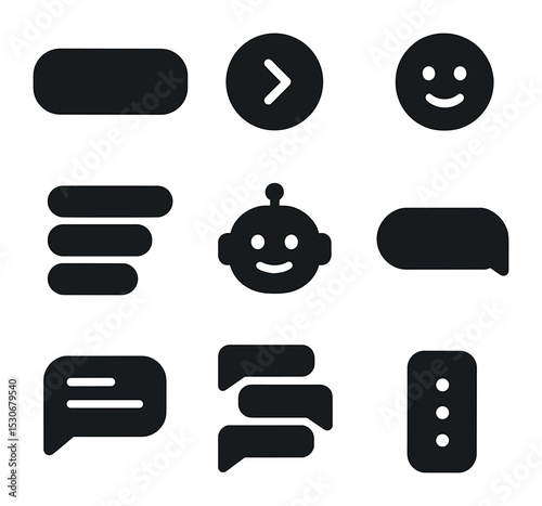 Chatbot Interface Icons. Solid, filled icons set of chatbot interface elements: message field, send icon,