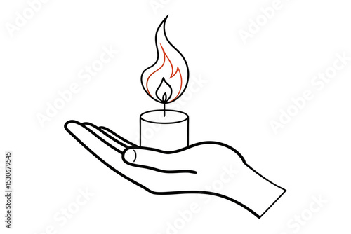 Continuous line drawing of a hand holding a burning candle isolated on transparent background