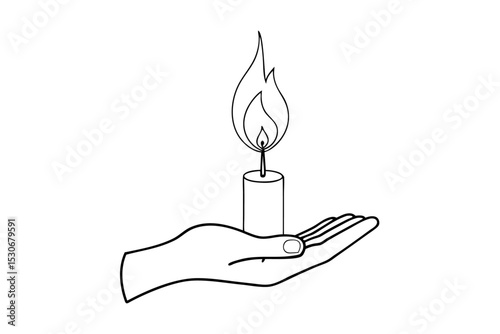 Continuous line drawing of a hand holding a burning candle isolated on transparent background