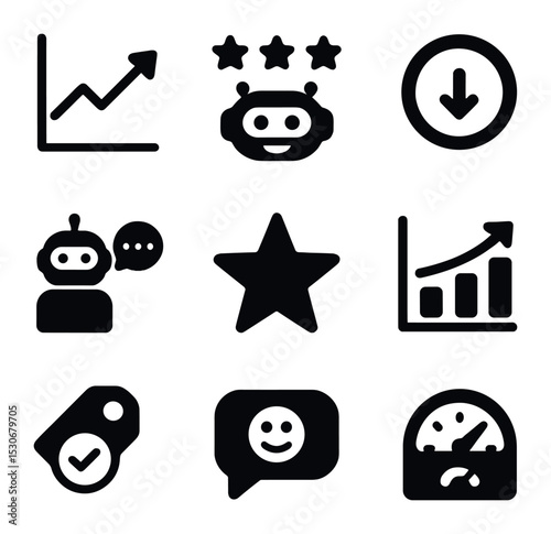 Chatbot Metrics Icons. Solid, filled icons set of chatbot metrics and performance: response rate graph, bot