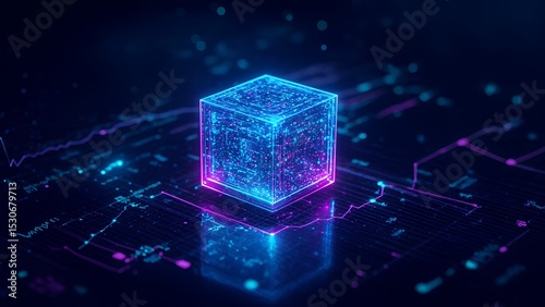 Futuristic Glowing Cube on Circuit Board representing advanced technology data processing artificial intelligence and quantum computing with vibrant blue and pink neon lights and a