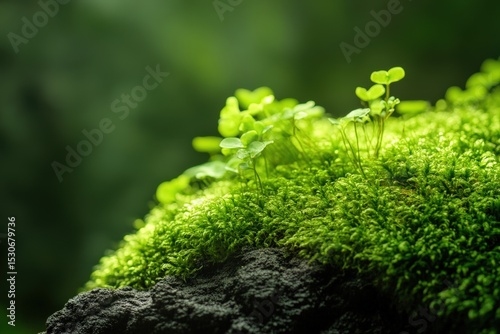 Close-up view of vibrant green moss and small plants.