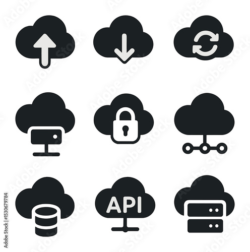 Cloud Service Icons. Solid, filled icons set of digital cloud services: cloud upload, cloud download, cloud