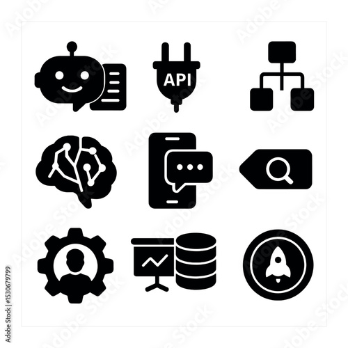 Chatbot Tools Icons. Solid, filled icons set of chatbot development tools: bot script, API plug, flowchart