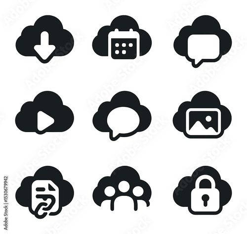 Cloud Application Icons. Solid, filled icons set of cloud-based apps: cloud drive, cloud calendar, cloud notes