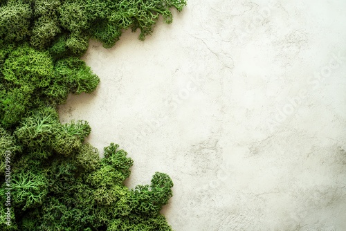 Arrangement of vibrant green moss against a textured backdrop.