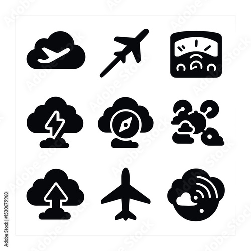 Aviation Icon Grid. Solid, filled icons set of aviation and clouds: plane in cloud, jet trail, cockpit view,