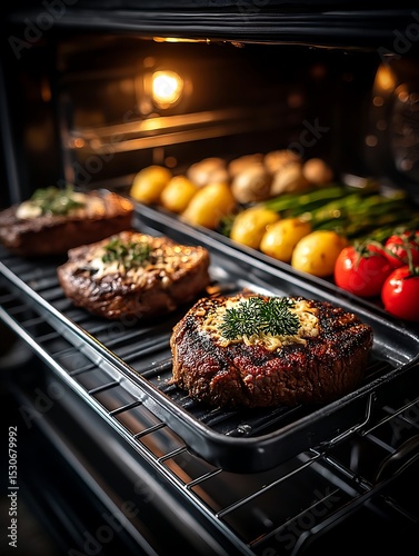 within an open oven setting, the image features three well cooked steaks topped with a garnish
