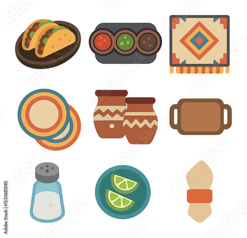 Themed Dining Icons. Solid, filled icons set of themed dining setup: taco platter, salsa trio, Mexican