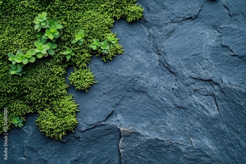 Lush green moss clinging to dark gray stone.