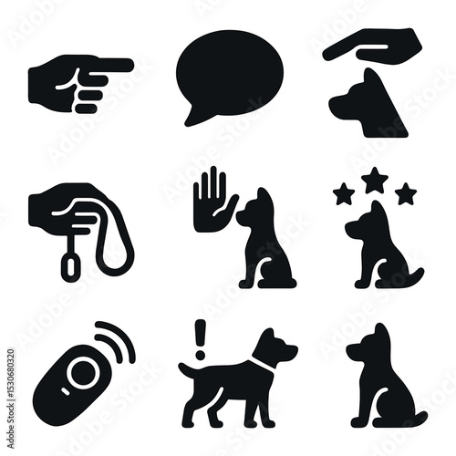 Animal Communication Icons. Solid, filled icons set of animal-handler communication: pointing hand, voice
