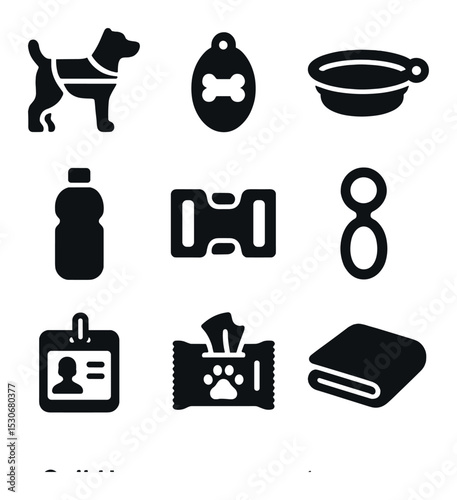 Support Animal Gear Icons. Solid, filled icons set of support animal gear: reflective vest, name tag,