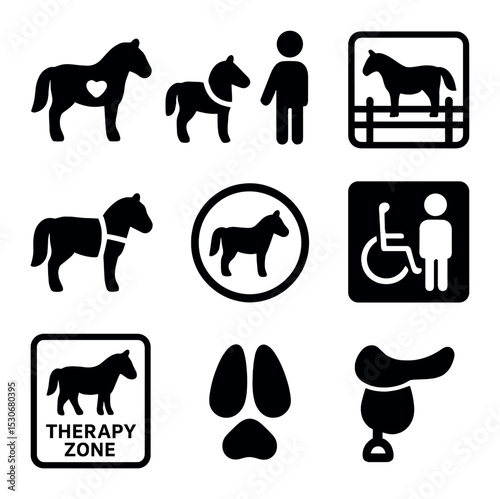 Miniature Service Icons. Solid, filled icons set of miniature service animals: support miniature horse,