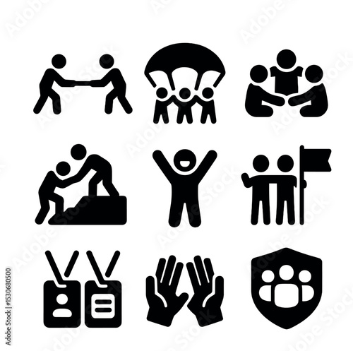 Group Play Icons. Solid, filled icons set of group play and teamwork: tug of war, parachute game, group circle