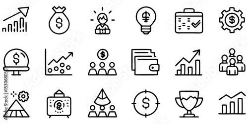 Wealth Management and Financial Planning Outline Icon Collection. Economy, Banking, Portfolio, Fund, Income, and Capital Elements. Vector Pack