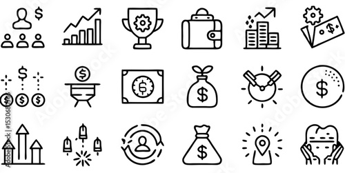 Investment and Finance Line Icon Set. Growth, Money, Success, Profit, Stocks, Savings, Business, and More. Outline Vector Icon