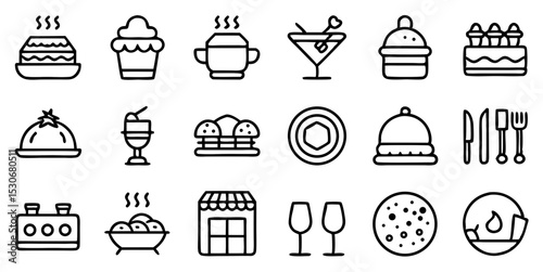 Culinary and Kitchen Outline Icon Collection. Delicious, Gourmet, Bistro, Cafe, Bakery, Cooking, and Serving Elements. Vector Pack