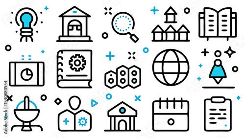 City Life Line Icon Set. Idea, Building, Search, Government, Education, Map, Globe, Communication, and More. Outline Vector Icon