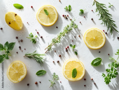Flatlay of lemon slices, herbs (rosemary, thyme, mint, basil, parsley), and peppercorns scattered on a textured white surface, illuminated by sunlight casting shadows