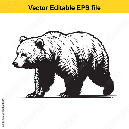 A majestic brown bear, powerfully built, striding with purpose, rendered in a striking black and white woodcut style.