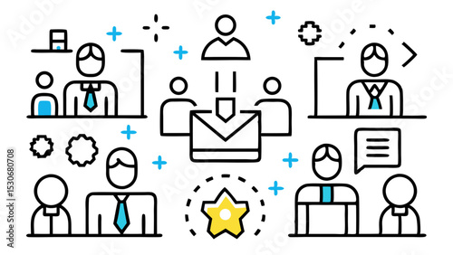 Virtual Workforce Line Icon Set. Remote Work, Teamwork, Online Communication, Recruitment, HR, and Collaboration. Outline Vector Icon.