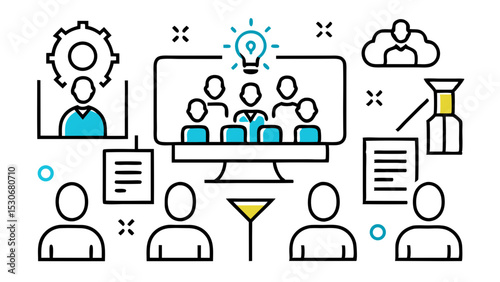 Online Meeting Line Icon Set. Video Conference, Teamwork, Brainstorming, Workshop, Remote Work, Idea, and Discussion. Outline Vector Icon