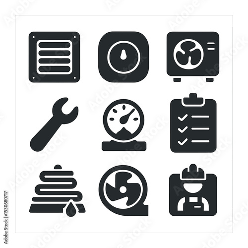 HVAC Maintenance Icons. Solid, filled icons set of HVAC maintenance: air vent, thermostat, condenser unit,