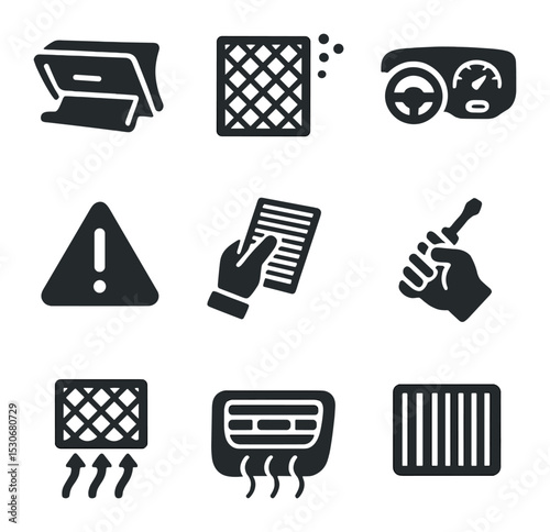 Car Cabin Filter Icons. Solid, filled icons set of car cabin filter check: glove compartment, pollen filter,