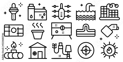 Manufacturing and Resource Management Outline Icon Collection. Power Plant, Climate Change, Renewable Energy, Oil, Chemical, and Production Elements. Vector Pack.
