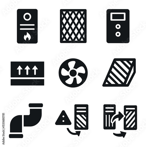 Furnace Filter Icons. Solid, filled icons set of furnace filter systems: furnace unit, metal mesh filter,