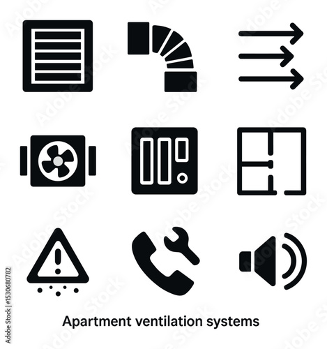 Apartment Ventilation Icons. Solid, filled icons set of apartment ventilation systems: wall vent, ductwork,