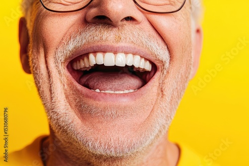 Close-up of a man's mouth, wide open in a joyful laugh.