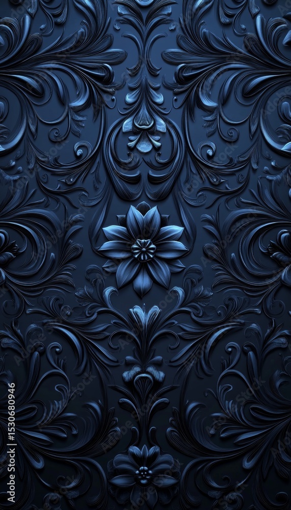 Elegant Navy Blue Damask Pattern Featuring Intricate Floral Elements and Swirls for Design Projects