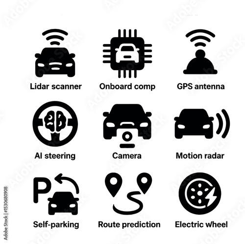 Autonomous Vehicle Icon Set. Solid, filled icons set of autonomous vehicle systems: lidar scanner, onboard