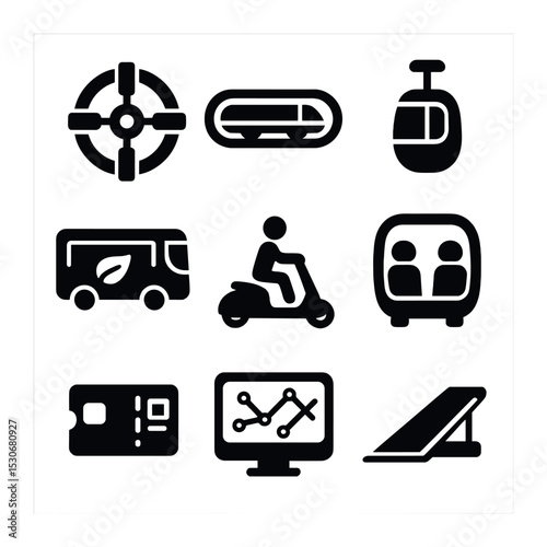 Modern Space Transport Icons. Solid, filled icons set of space-age public transport: orbital station, tube