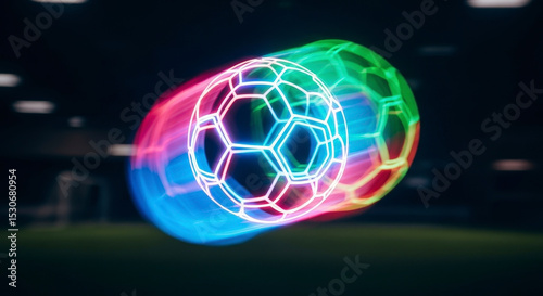 Dynamic Neon Soccer Ball With Glowing Light Effects on Green Field Blurred Background