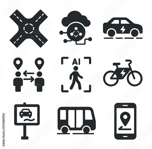 Smart City Mobility Icons. Solid, filled icons set of smart city mobility: connected roads, traffic data hub,