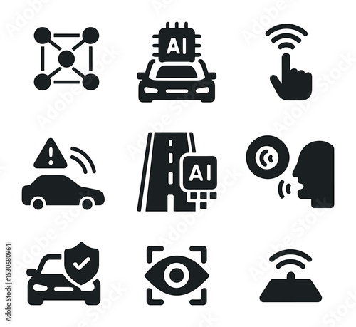 AI Transport Icons. Solid, filled icons set of AI-powered transport: neural net icon, smart car dashboard,