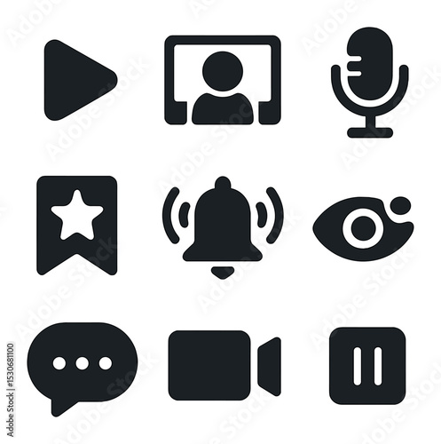 Gaming Stream Icons. Solid, filled icons set of live gaming broadcasts: play button, webcam overlay, streaming