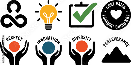 Core values respect innovation diversity perseverance ethics idea checklist vector graphic design 100 editable stock vector illustration