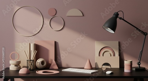 Minimalist Desk Setup with Geometric Shapes and Soft Lighting