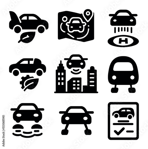 Futuristic Flying Car Icons. Solid, filled icons set of flying car concepts: foldable wing, aerial road map,